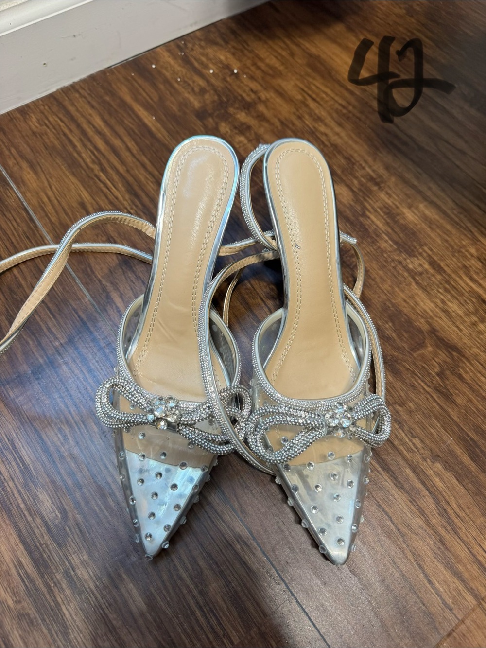 Crystal Bow Pointed Lace-Up Heels in Silver